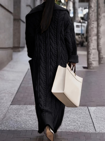 Directional Development of a Long Cardigan Sweater with a Large Collar And Chunky Cable for Spring, Autumn, And Winter.