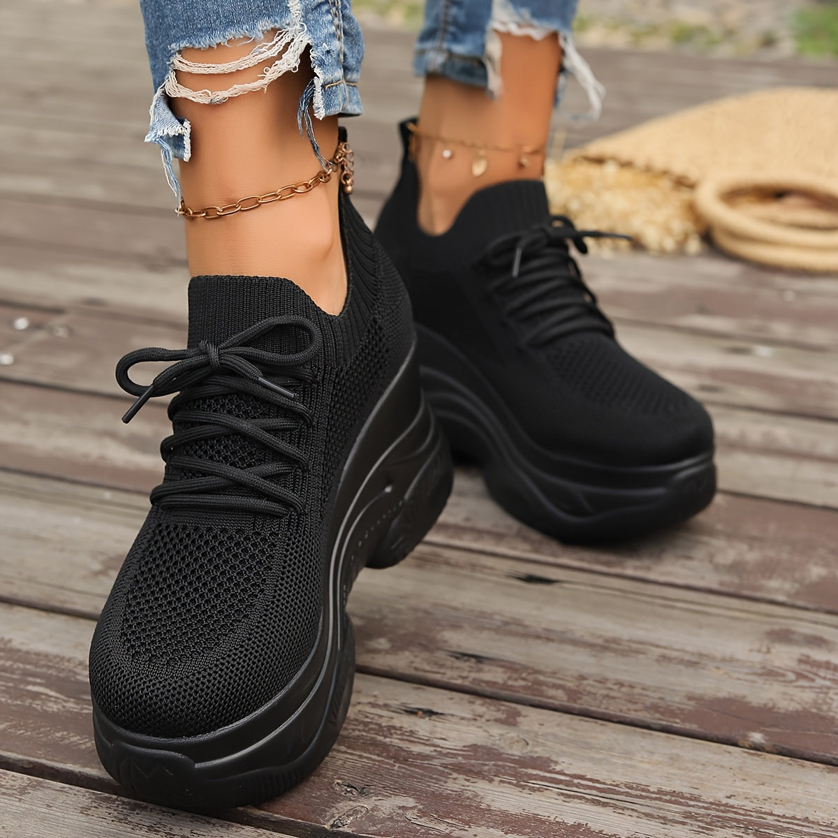Women'S Fashion Casual Sports Shoes, Wedge Platform Lace-Up Height Increase Breathable Lace-Up Outerwear Sneakers, Rubber Sole, Fabric Upper, All-Season Wear, Casual Style, Positioning Printing, High Top, Plain Toe, Fabric Insole and Inner Material, Fabric Upper Materia