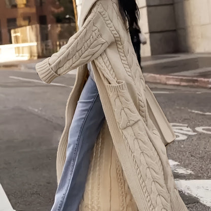 Elegant Cable-Knit Long Cardigan with Wide Collar