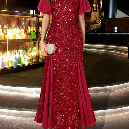 Burgundy Sequin Evening Gown - Elegant & Fitted