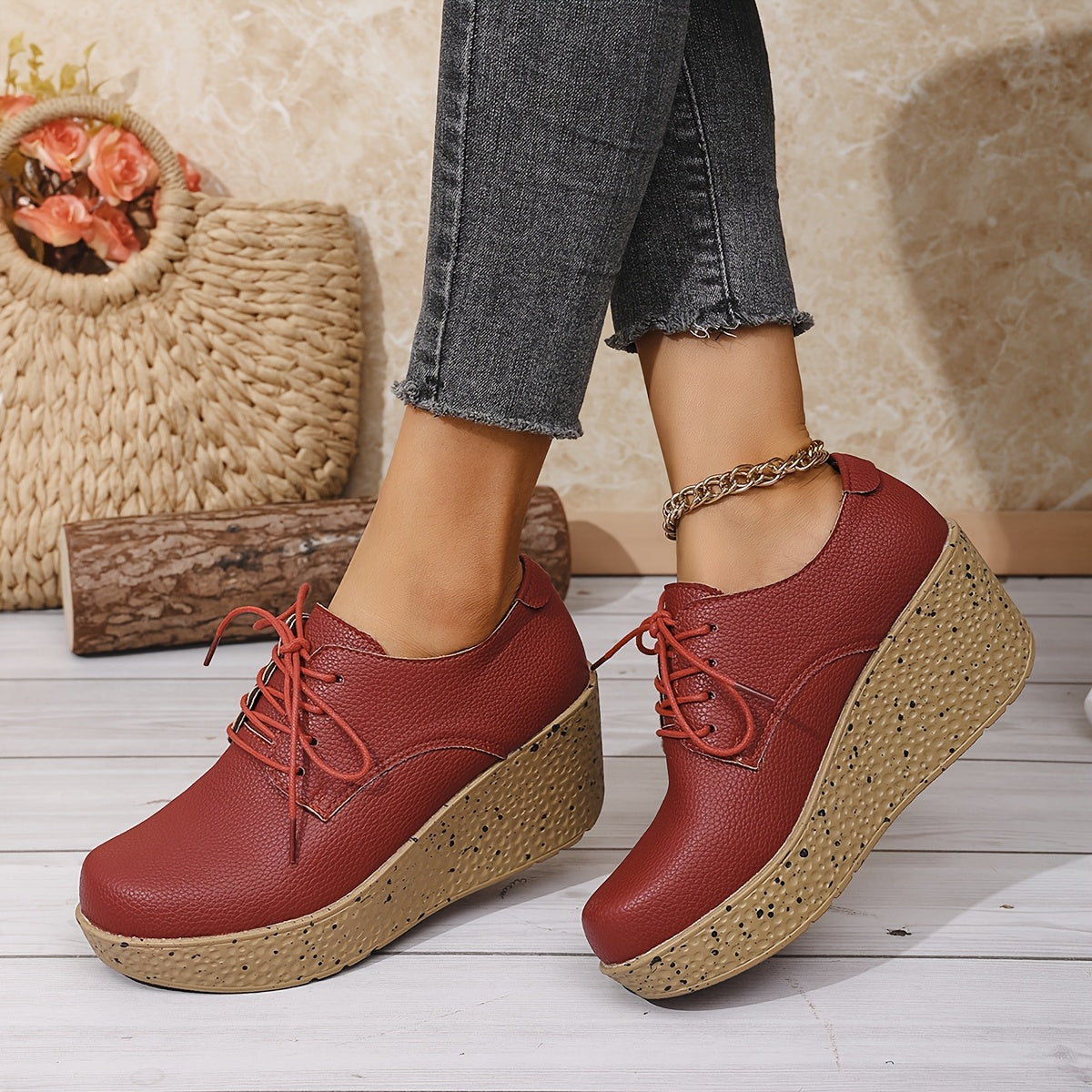 Spring And Autumn Stylish Casual Wedge Shoes with Comfortable Platform, Thick-Soled Lace-Up Sneakers for All Seasons.