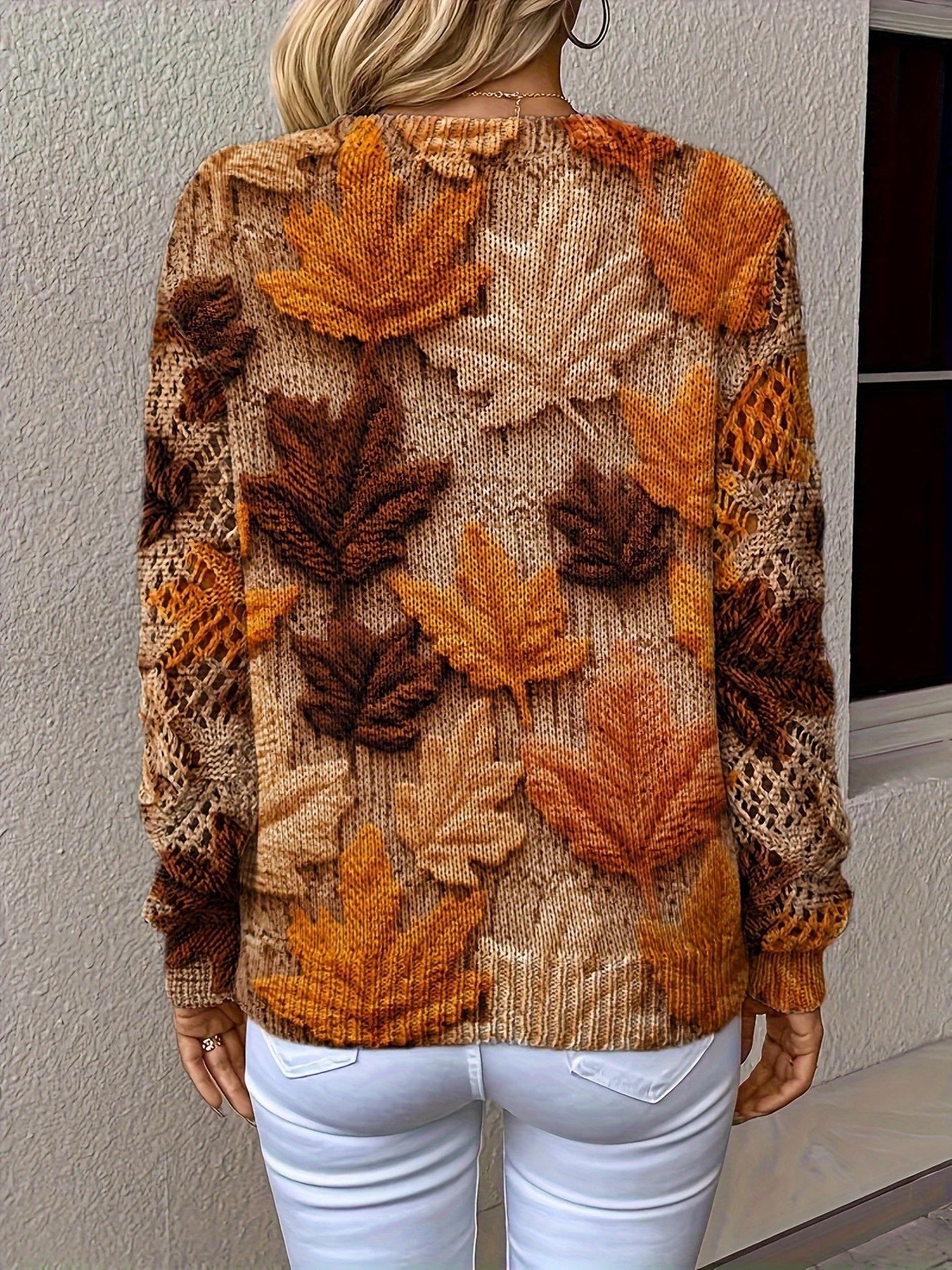 Women'S Elegant Bohemian Sweater - Long Sleeve V-Neck Pullover with Maple Leaf Print in Brown/Orange/Red/Black/Beige/, All-Season Chic Sweater for Office, Casual, Home - Machine Washable Women'S Sweater, Versatile Top, Stylish Knitwear, Comfortable Material, Printed Top, Fashion Lovers, Blouse For Women, Sweater For Women Plu Size/, Plu Size Too, Plu Size Women Winter Top, Nice Sweater For Women, Fall Clothe For Women, Cardigan For Women, Fall Sweater Women