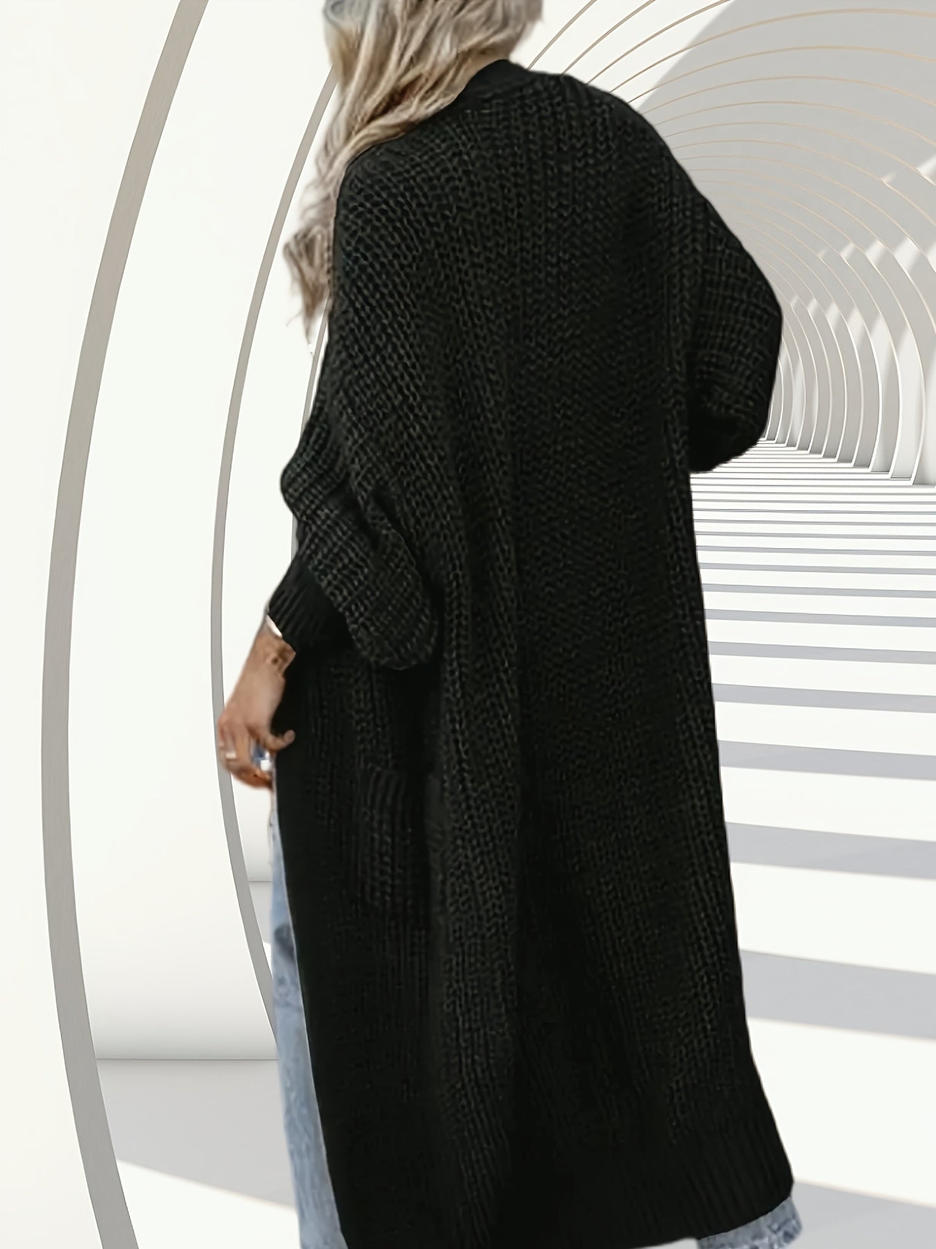 Women's Autumn-Winter Elegant Mid-Length Knee-Length Loose Fit Pocket Sweater Cardigan with Long Sleeves