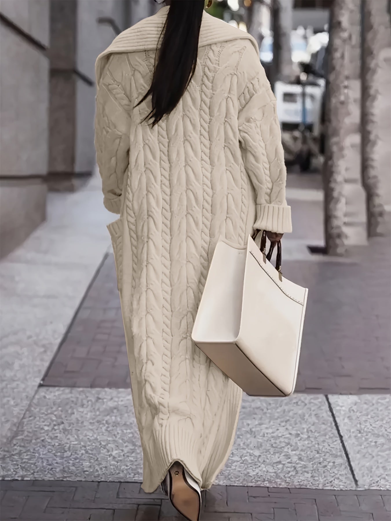 Directional Development of a Long Cardigan Sweater with a Large Collar And Chunky Cable for Spring, Autumn, And Winter.