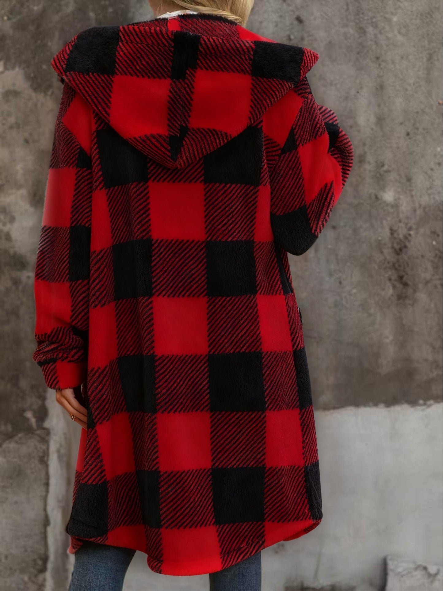 Popular European and American Women's Fashion: New Autumn/Winter Black and White Checkered Double-Sided Plush Hooded Pocket Mid-Length Casual Coat