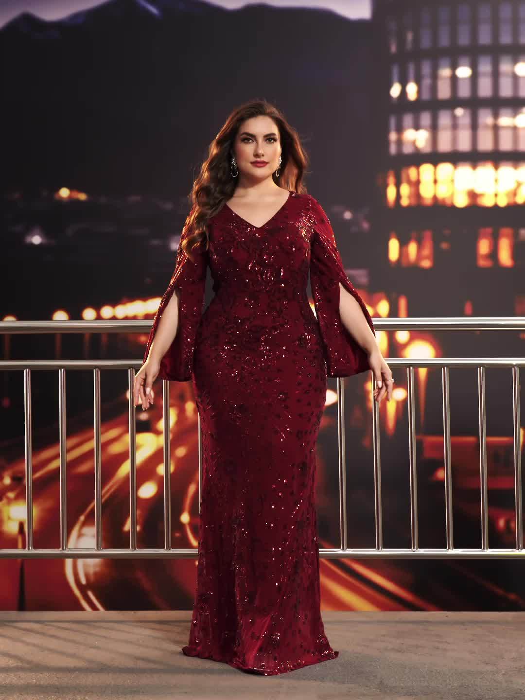 Elegant Plus Size V-Neck Long Sleeve Sequin Gown with Side Slit - Luxurious Black Evening Dress for Formal Events, Weddings, and Galas, Extra Slim Fit, Medium Stretch Fabric, Perfect for Winter Season, Plus Size Elegant Dres