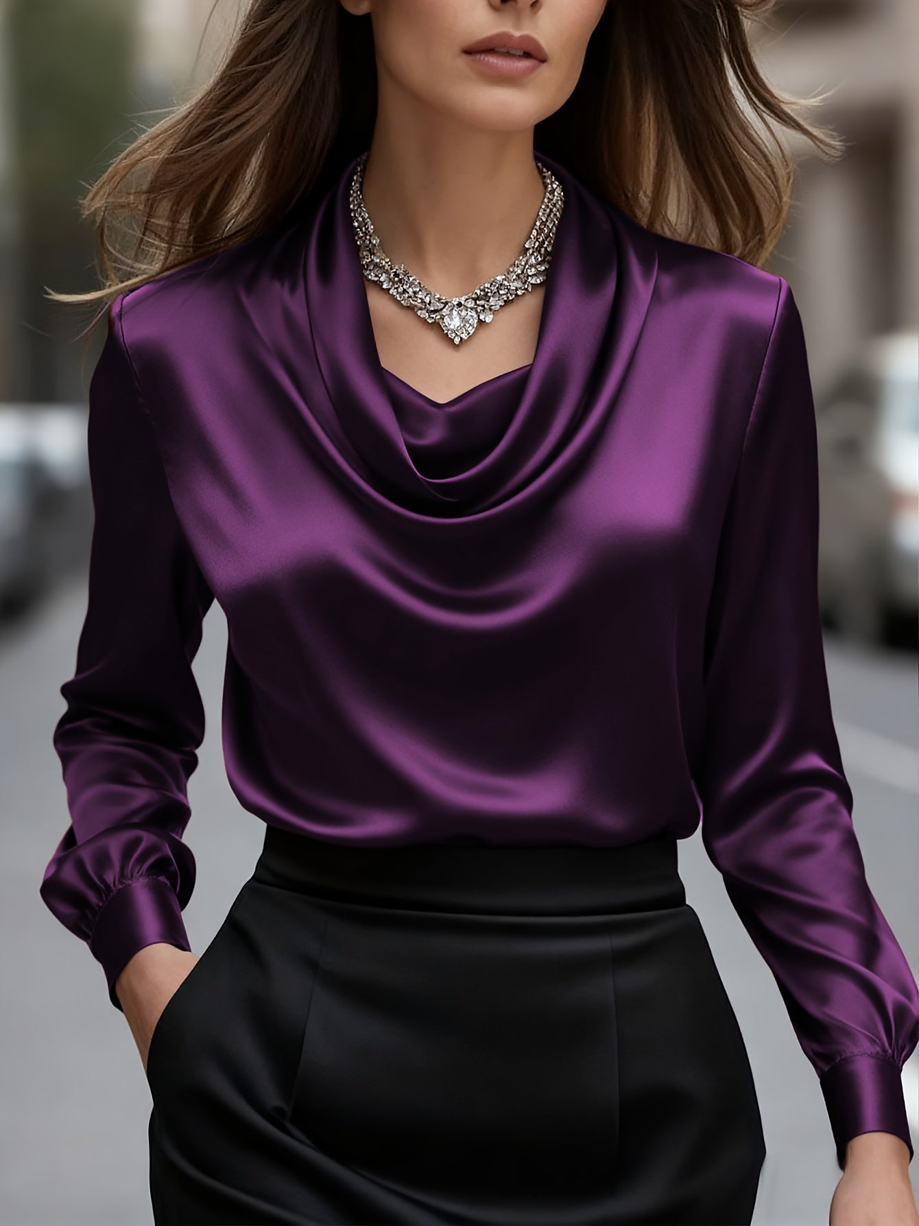 Women'S Elegant Solid Color Long Sleeve Blouse - Soft Wrinkle-Resistant Fabric, Button-Front Closure, Round Neck & Collar, All-Season Versatile Shirt for Office
